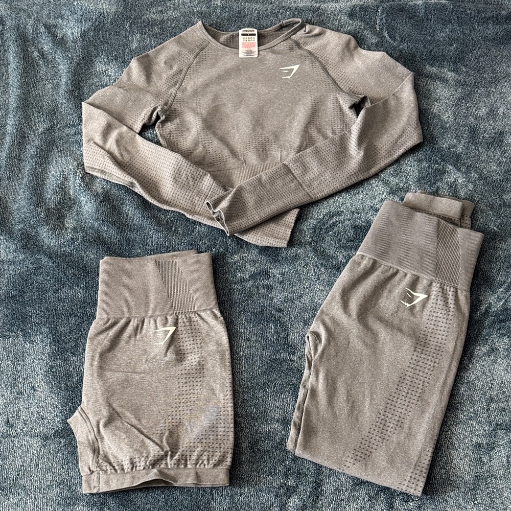 Gymshark Gray Seamless Long-Sleeve Crop Top, Shorts, & Leggings Set Vital 2.0